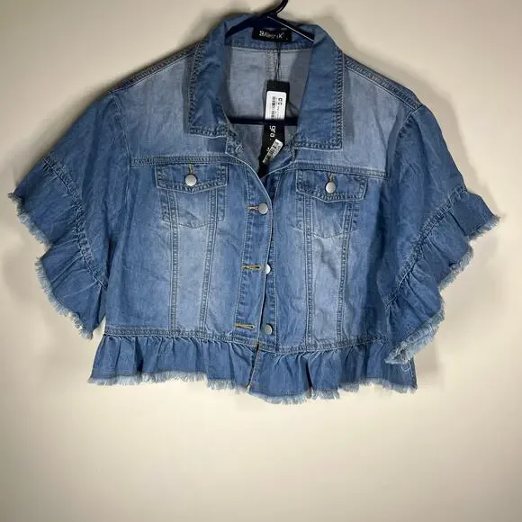Allegra K Jacket Womens Large Top Layer Lt Wt Denim Cropped Ruffled Jean Frayed - Picture 5 of 12
